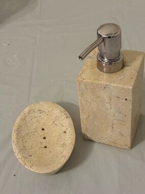 NWOT Beige Marble Soap Dispenser & Soap Dish Set